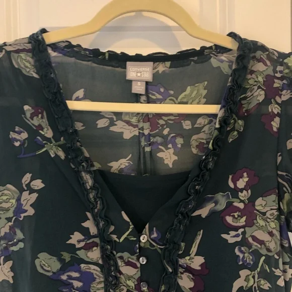 Converse | Navy Floral Short Sleeve Ruffle Print Fit & Flare Dress Size S - Picture 4 of 13